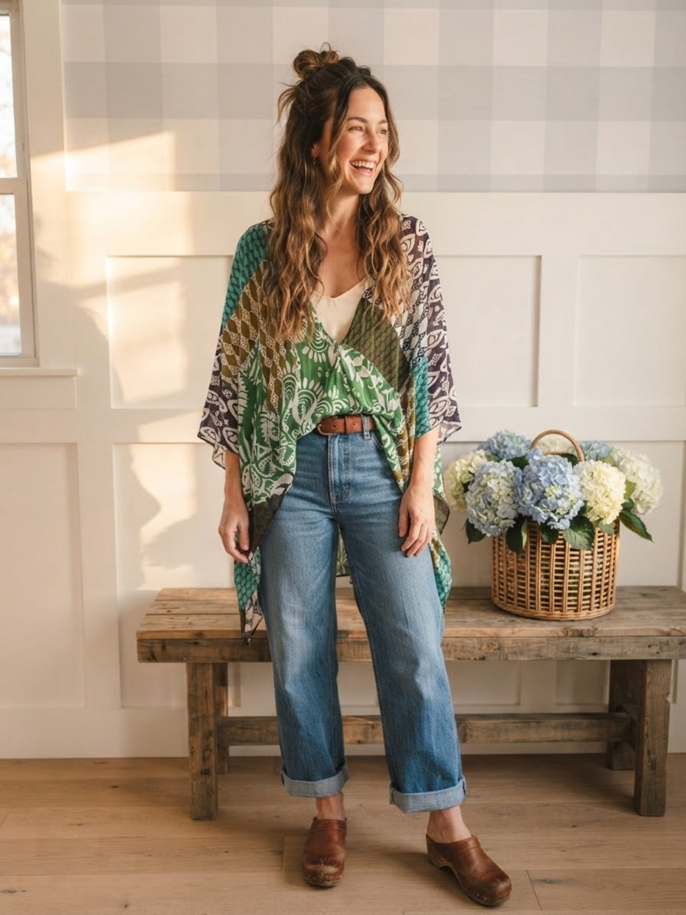 Zara Green & Teal Mixed-Print Kimono Blouse Medium